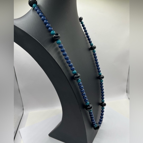 Trifari Beaded Necklace 30” Length Blue Black and Turquoise Blue Beaded Necklace - Picture 3 of 13